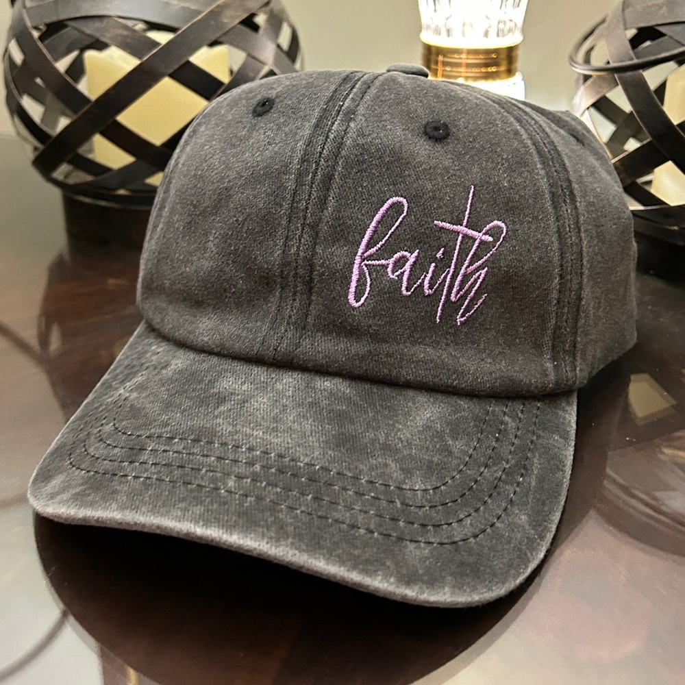 “Faith” Baseball Cap • Grey with Purple Embroidery • Buckle Adjustment.
